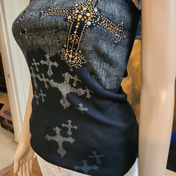 VocalUSA - Black Tank Top with Embellished Cross Pattern Size Small - Picture 6 of 14